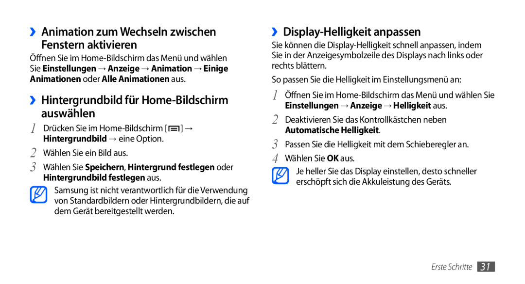 Samsung GT-I9000HKDDTM manual ››Animation zum Wechseln zwischen Fenstern aktivieren, ››Display-Helligkeit anpassen 