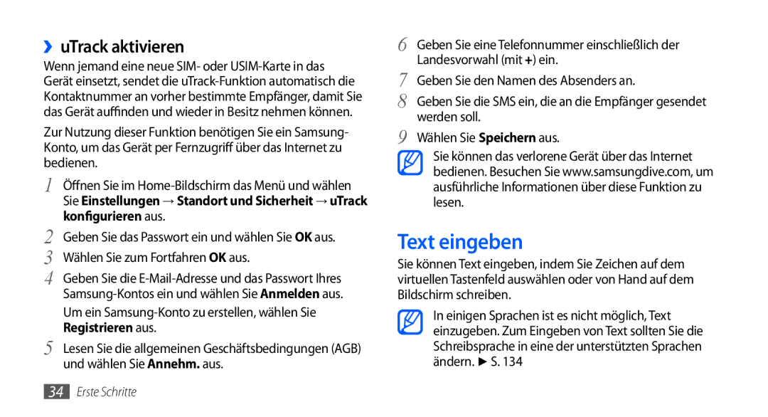 Samsung GT-I9000HKYEUR, GT-I9000HKYDRE manual Text eingeben, ››uTrack aktivieren, Konfigurieren aus, Registrieren aus 