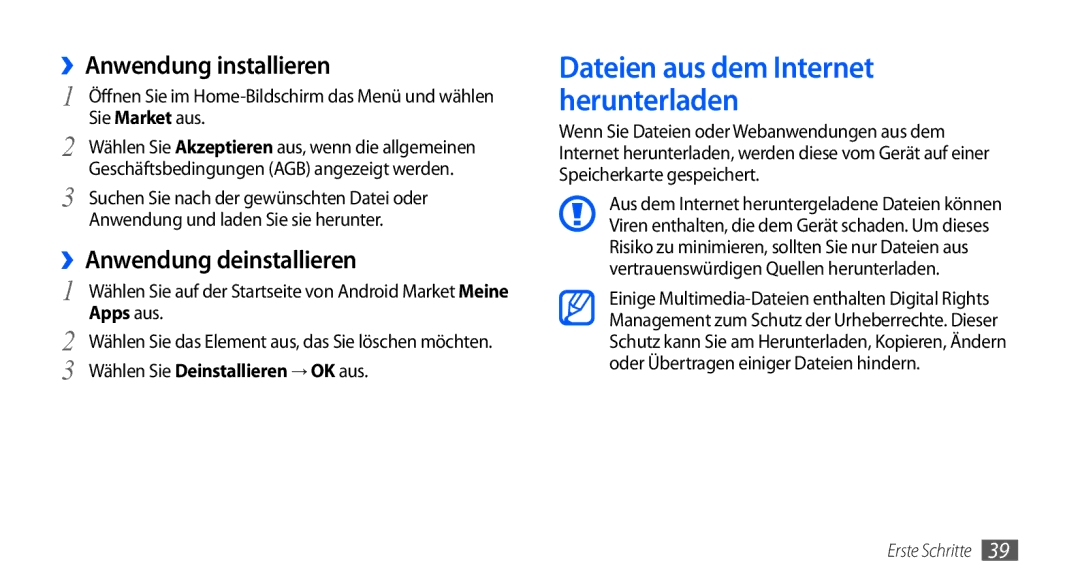 Samsung GT-I9000HKDVIA manual ››Anwendung installieren, ››Anwendung deinstallieren, Anwendung und laden Sie sie herunter 