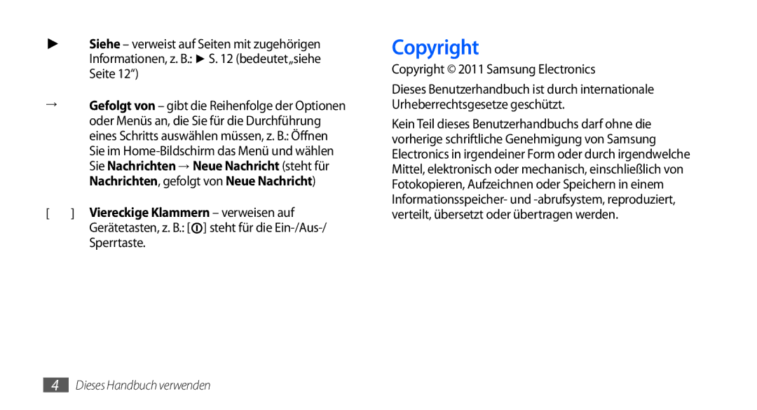 Samsung GT-I9000RWYVIA, GT-I9000HKYDRE, GT-I9000HKDEPL, GT-I9000HKDDTM Sperrtaste, Copyright 2011 Samsung Electronics 