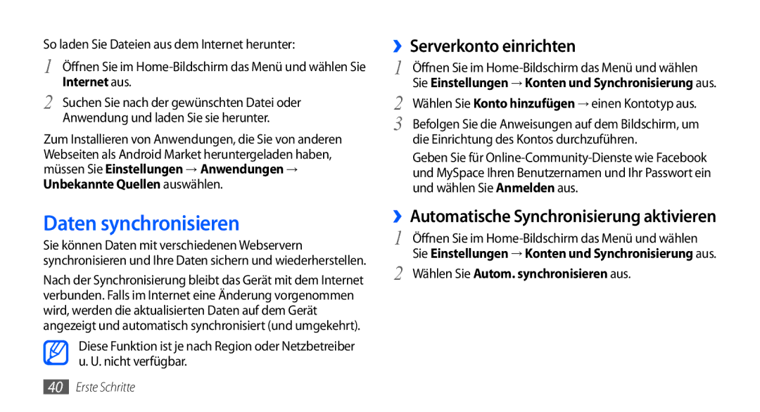 Samsung GT-I9000HKYITV manual Daten synchronisieren, ››Serverkonto einrichten, ››Automatische Synchronisierung aktivieren 