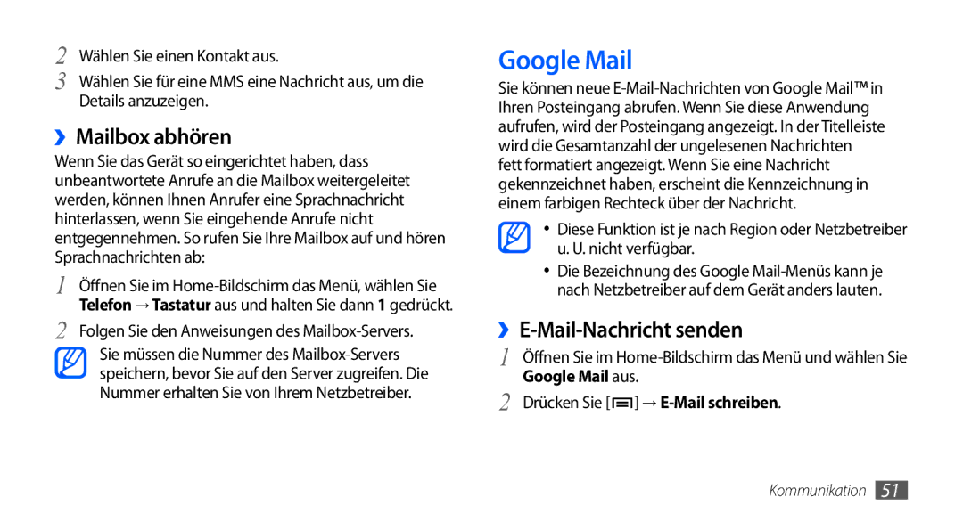 Samsung GT-I9000HKADTM manual ››Mailbox abhören, ››E-Mail-Nachricht senden, Google Mail aus, → E-Mail schreiben 