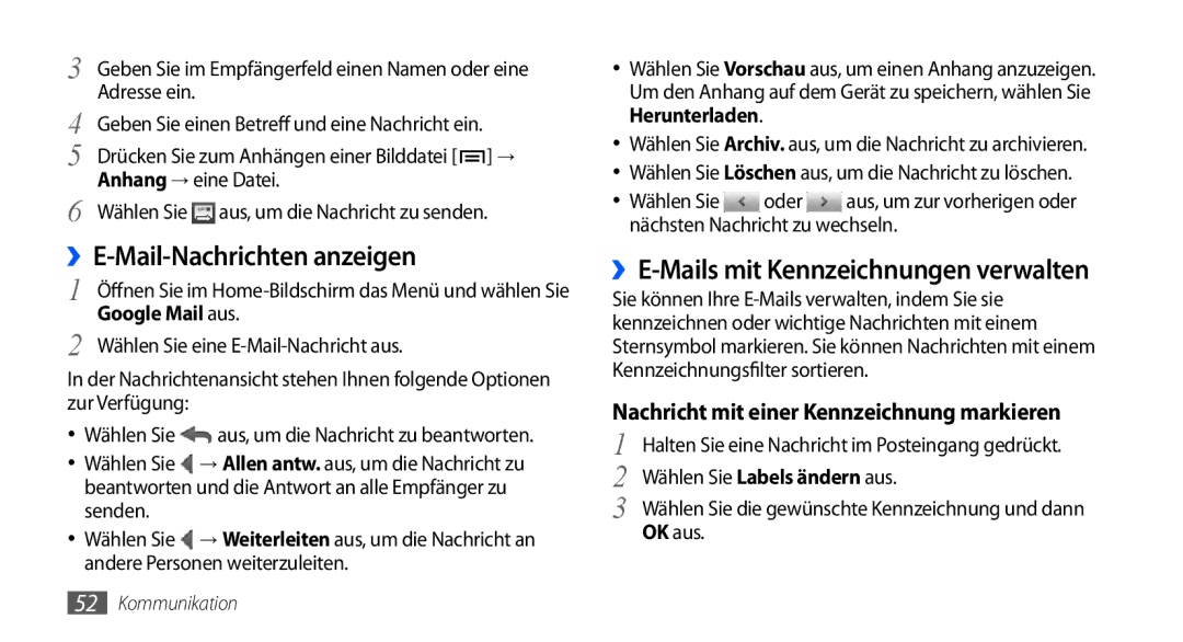 Samsung GT-I9000RWYDBT, GT-I9000HKYDRE manual ››E-Mail-Nachrichten anzeigen, ››E-Mails mit Kennzeichnungen verwalten 