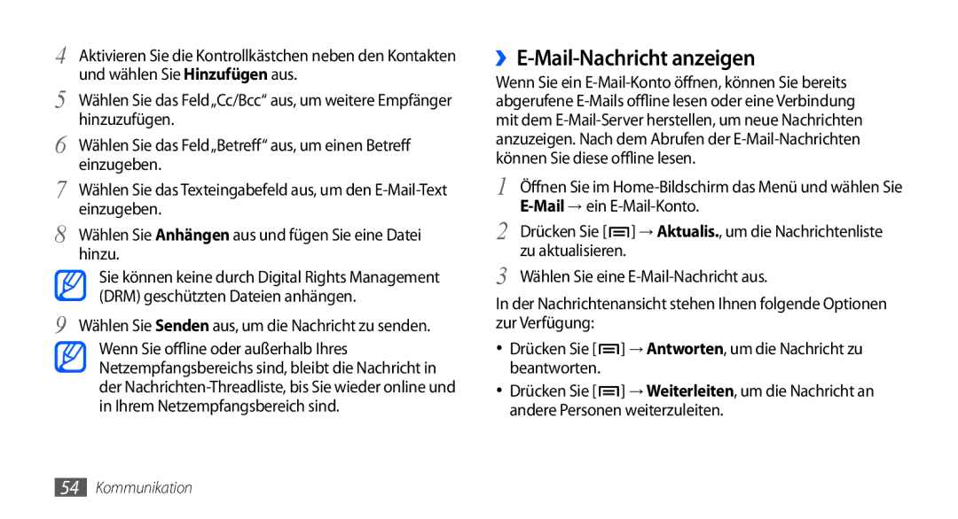 Samsung GT-I9000HKYEPL, GT-I9000HKYDRE, GT-I9000HKDEPL, GT-I9000HKDDTM, GT-I9000RWYEUR manual ››E-Mail-Nachricht anzeigen 