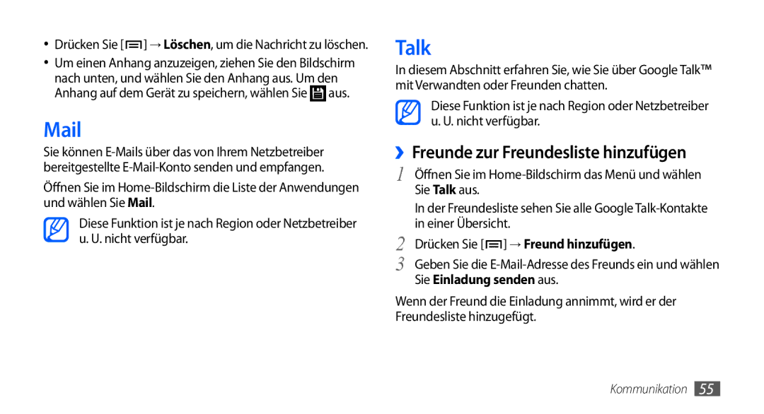 Samsung GT-I9000HKYATO, GT-I9000HKYDRE manual Talk, ››Freunde zur Freundesliste hinzufügen, Sie Einladung senden aus 