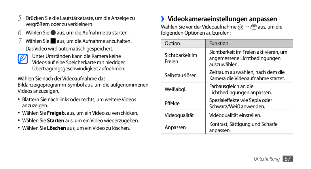 Samsung GT-I9000HKDEUR manual ››Videokameraeinstellungen anpassen, Wählen Sie aus, um die Aufnahme zu starten, Aus, um die 