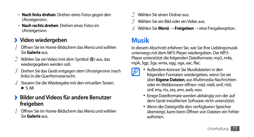 Samsung GT-I9000HKYMOB, GT-I9000HKYDRE manual Musik, ››Video wiedergeben, ››Bilder und Videos für andere Benutzer freigeben 