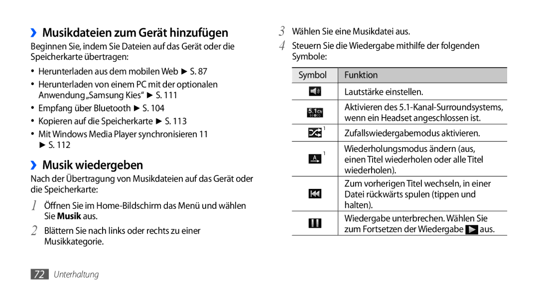 Samsung GT-I9000HKAVIA manual ››Musikdateien zum Gerät hinzufügen, ››Musik wiedergeben, Zufallswiedergabemodus aktivieren 