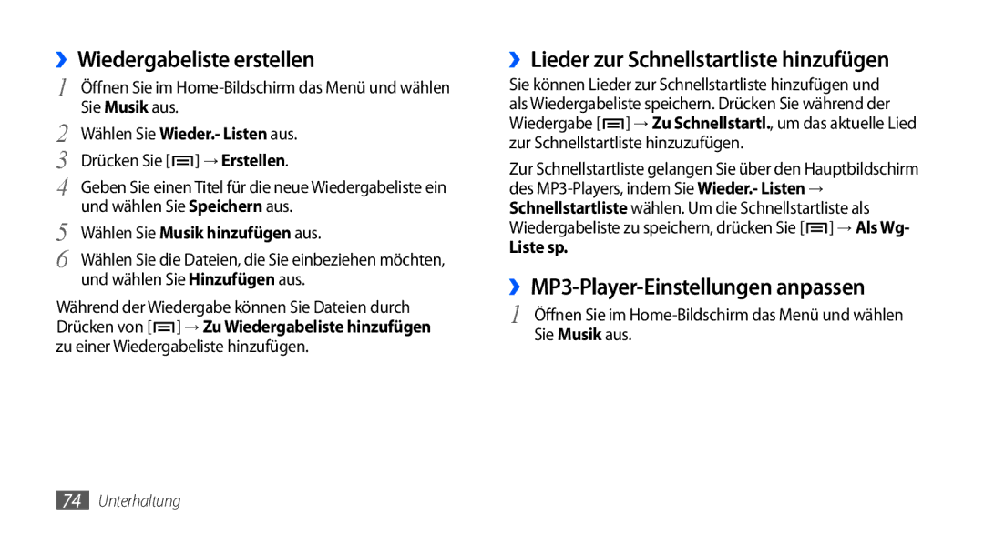 Samsung GT-I9000HKAEPL, GT-I9000HKYDRE, GT-I9000HKDEPL ››Wiedergabeliste erstellen, ››MP3-Player-Einstellungen anpassen 