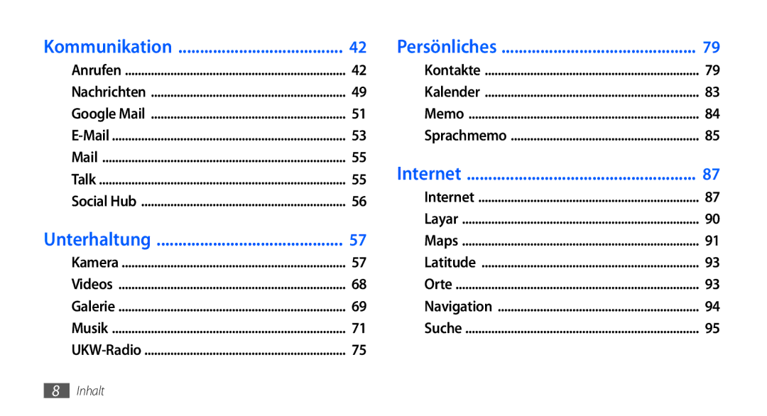 Samsung GT-I9000HKAVD2, GT-I9000HKYDRE, GT-I9000HKDEPL, GT-I9000HKDDTM, GT-I9000RWYEUR, GT-I9000RWYVIA manual Kommunikation 