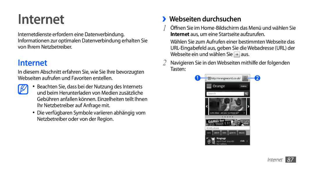 Samsung GT-I9000HKYDRE, GT-I9000HKDEPL ››Webseiten durchsuchen, Internet aus, um eine Startseite aufzurufen, Tasten 