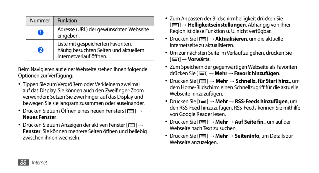 Samsung GT-I9000HKDEPL, GT-I9000HKYDRE manual Neues Fenster, Häufig besuchten Seiten und aktuellem Internetverlauf öffnen 