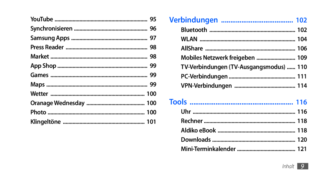 Samsung GT-I9000HKDEUR, GT-I9000HKYDRE, GT-I9000HKDEPL, GT-I9000HKDDTM, GT-I9000RWYEUR, GT-I9000RWYVIA manual Verbindungen 