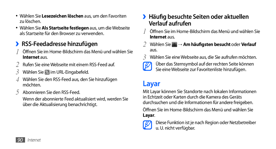 Samsung GT-I9000RWYEUR manual Layar, ››RSS-Feedadresse hinzufügen, ››Häufig besuchte Seiten oder aktuellen Verlauf aufrufen 