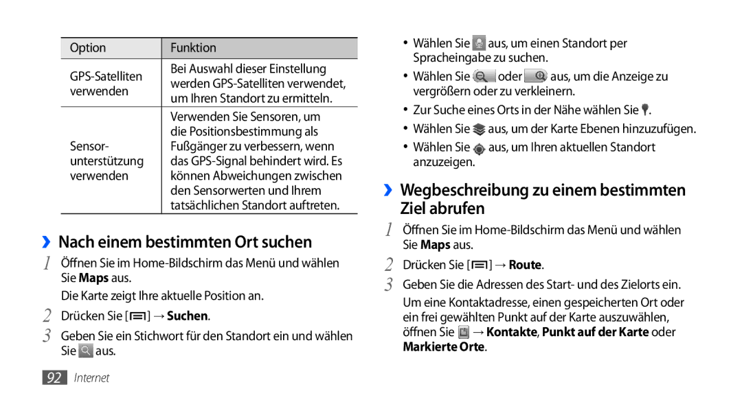 Samsung GT-I9000HKYEUR manual ››Nach einem bestimmten Ort suchen, Ziel abrufen, ››Wegbeschreibung zu einem bestimmten 