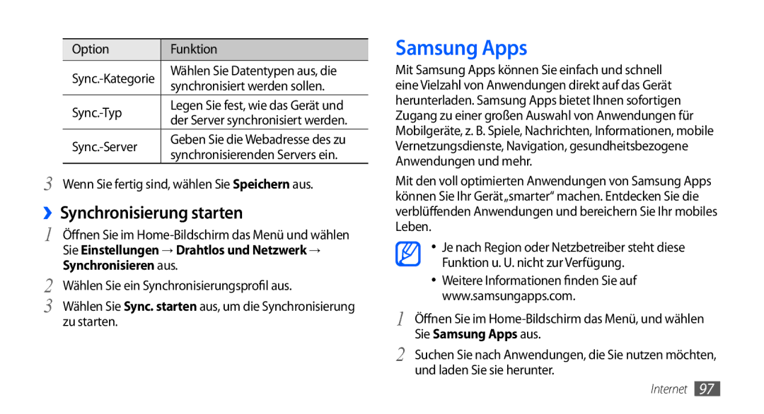 Samsung GT-I9000HKDVIA, GT-I9000HKYDRE Samsung Apps, ››Synchronisierung starten, Synchronisiert werden sollen, Zu starten 