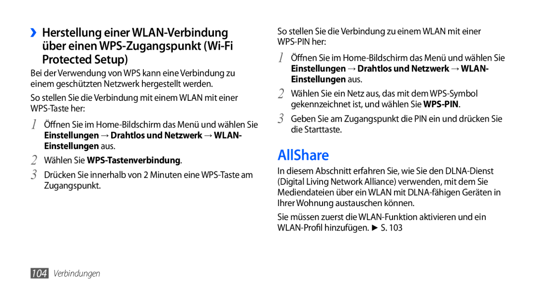 Samsung GT-I9000HKYDTM, GT-I9000HKYDRE, GT-I9000HKDEPL manual AllShare, Wählen Sie WPS-Tastenverbindung, Die Starttaste 