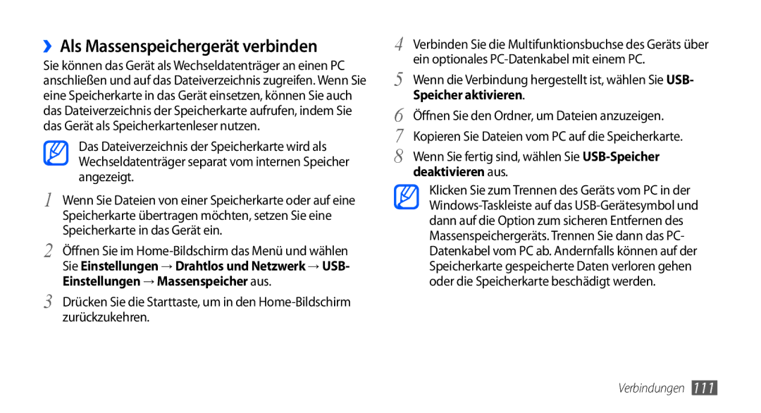 Samsung GT-I9000HKYVD2 manual ››Als Massenspeichergerät verbinden, Einstellungen → Massenspeicher aus, Speicher aktivieren 