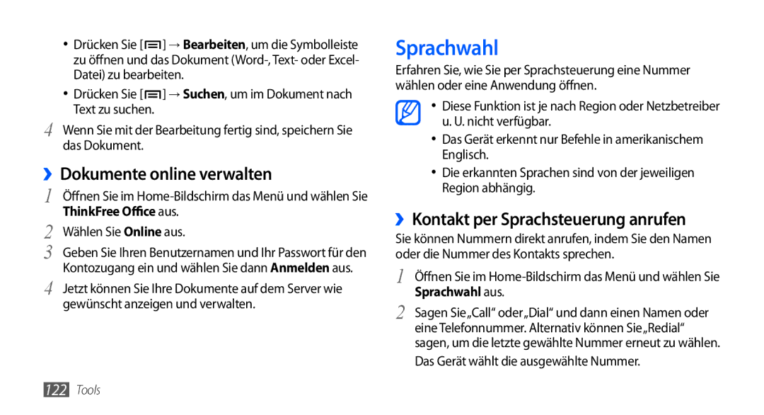 Samsung GT-I9000HKDDBT manual ››Dokumente online verwalten, ››Kontakt per Sprachsteuerung anrufen, Sprachwahl aus 