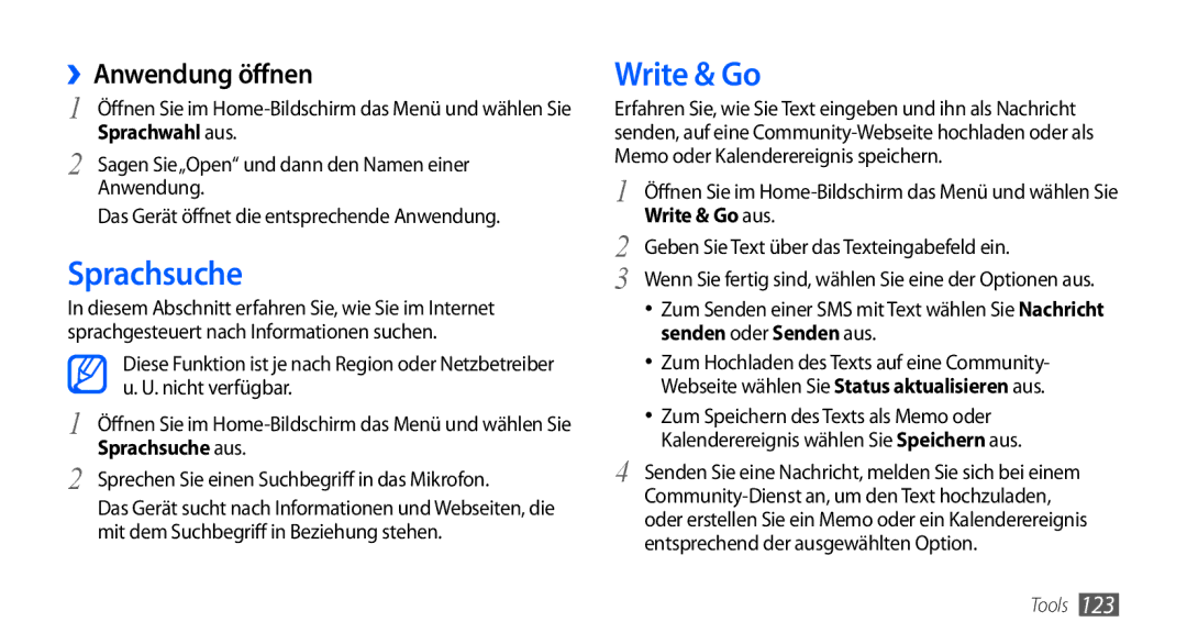 Samsung GT-I9000HKDATO, GT-I9000HKYDRE, GT-I9000HKDEPL, GT-I9000HKDDTM manual Sprachsuche, Write & Go, ››Anwendung öffnen 