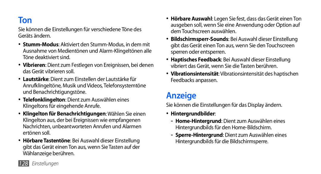 Samsung GT-I9000RWYDTM manual Ton, Anzeige, Sie können die Einstellungen für das Display ändern, Hintergrundbilder 