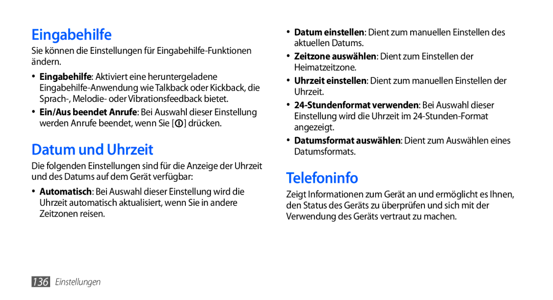 Samsung GT-I9000HKYTMN, GT-I9000HKYDRE, GT-I9000HKDEPL, GT-I9000HKDDTM manual Eingabehilfe, Datum und Uhrzeit, Telefoninfo 