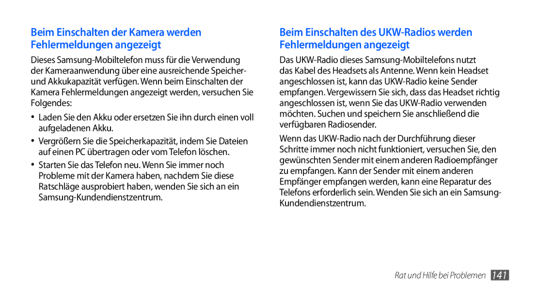 Samsung GT-I9000HKYEPL, GT-I9000HKYDRE, GT-I9000HKDEPL manual Beim Einschalten der Kamera werden Fehlermeldungen angezeigt 