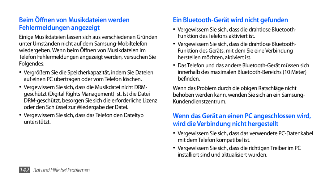 Samsung GT-I9000HKYATO, GT-I9000HKYDRE, GT-I9000HKDEPL, GT-I9000HKDDTM manual Ein Bluetooth-Gerät wird nicht gefunden 