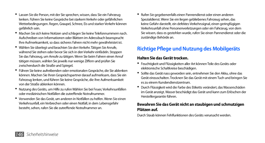 Samsung GT-I9000HKDEPL, GT-I9000HKYDRE, GT-I9000HKDDTM, GT-I9000RWYEUR manual Richtige Pflege und Nutzung des Mobilgeräts 