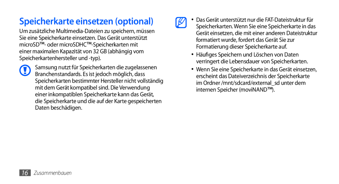 Samsung GT-I9000HKAEPL, GT-I9000HKYDRE, GT-I9000HKDEPL, GT-I9000HKDDTM, GT-I9000RWYEUR manual Speicherkarte einsetzen optional 