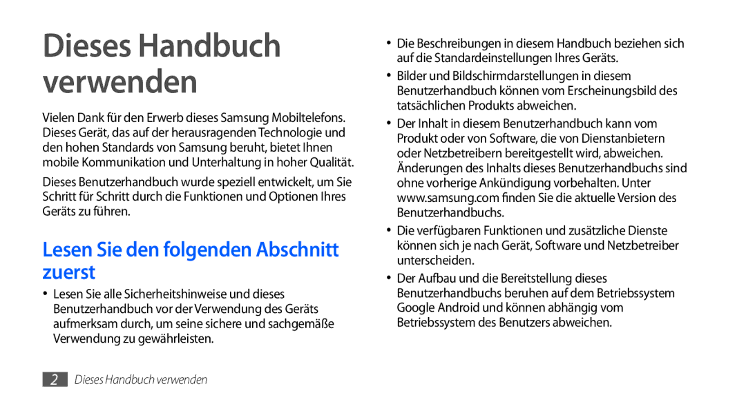 Samsung GT-I9000HKDDTM, GT-I9000HKYDRE, GT-I9000HKDEPL Dieses Handbuch verwenden, Lesen Sie den folgenden Abschnitt zuerst 