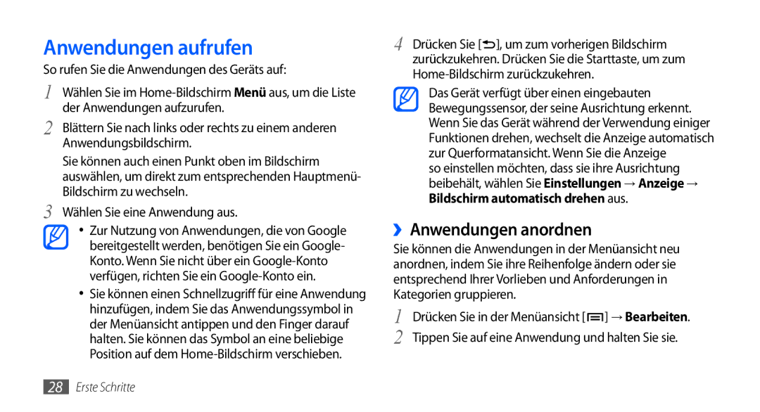 Samsung GT-I9000HKADBT, GT-I9000HKYDRE, GT-I9000HKDEPL, GT-I9000HKDDTM manual Anwendungen aufrufen, ››Anwendungen anordnen 