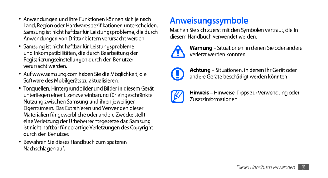 Samsung GT-I9000RWYEUR, GT-I9000HKYDRE manual Anweisungssymbole, Bewahren Sie dieses Handbuch zum späteren Nachschlagen auf 