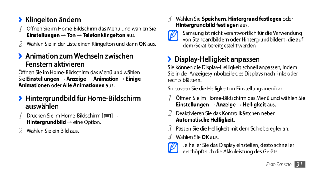 Samsung GT-I9000HKDDTM, GT-I9000HKYDRE manual ››Klingelton ändern, ››Animation zum Wechseln zwischen Fenstern aktivieren 