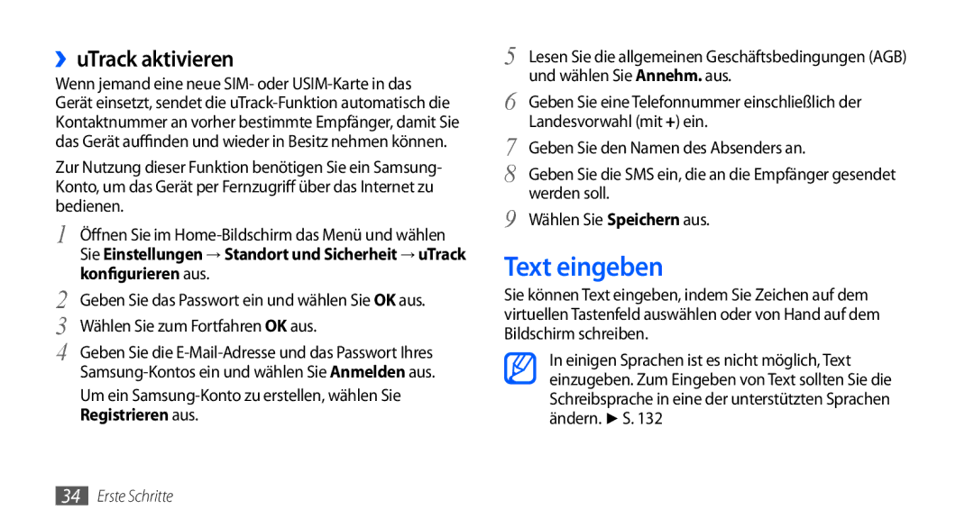 Samsung GT-I9000HKYEUR manual Text eingeben, ››uTrack aktivieren, Konfigurieren aus, Wählen Sie zum Fortfahren OK aus 