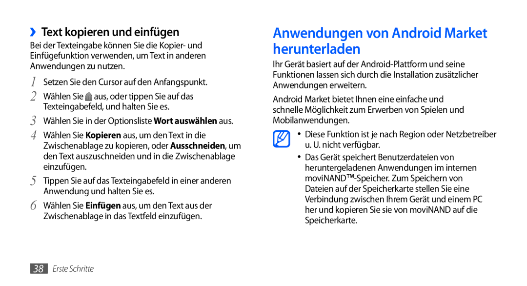 Samsung GT-I9000HKDEUR, GT-I9000HKYDRE manual Anwendungen von Android Market herunterladen, ››Text kopieren und einfügen 