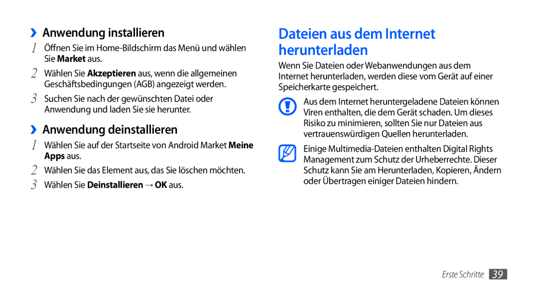 Samsung GT-I9000HKDVIA manual ››Anwendung installieren, ››Anwendung deinstallieren, Anwendung und laden Sie sie herunter 