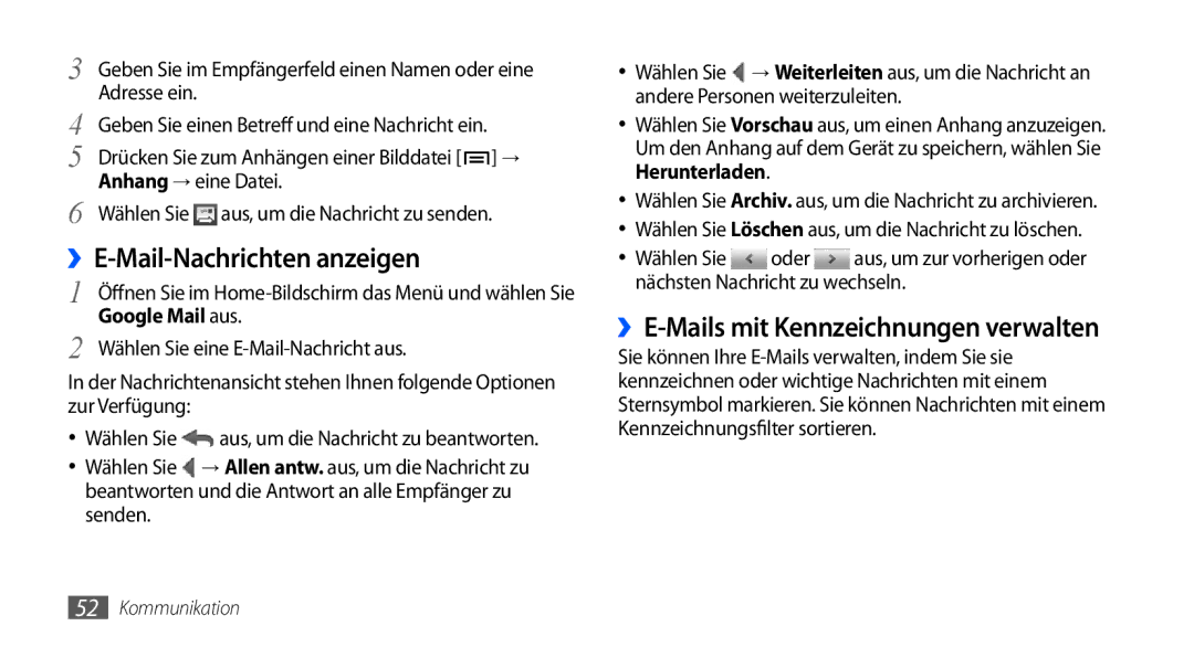 Samsung GT-I9000RWYDBT, GT-I9000HKYDRE ››E-Mail-Nachrichten anzeigen, ››E-Mails mit Kennzeichnungen verwalten, Adresse ein 