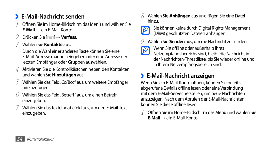 Samsung GT-I9000HKYEPL, GT-I9000HKYDRE, GT-I9000HKDEPL manual ››E-Mail-Nachricht anzeigen, Mail→ ein E-Mail-Konto, → Verfass 