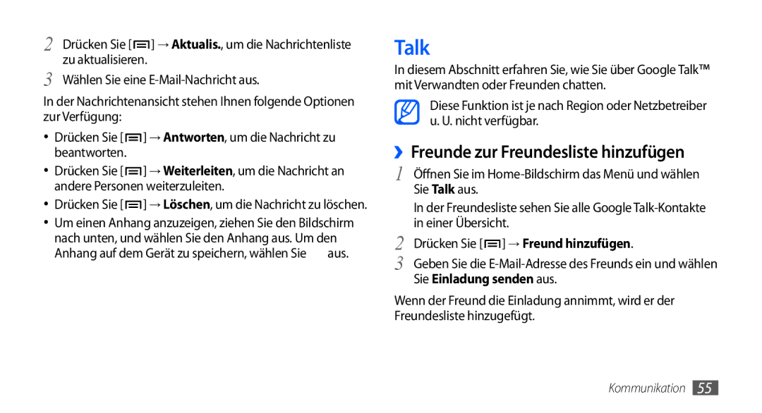 Samsung GT-I9000HKYATO, GT-I9000HKYDRE manual Talk, ››Freunde zur Freundesliste hinzufügen, Sie Einladung senden aus 