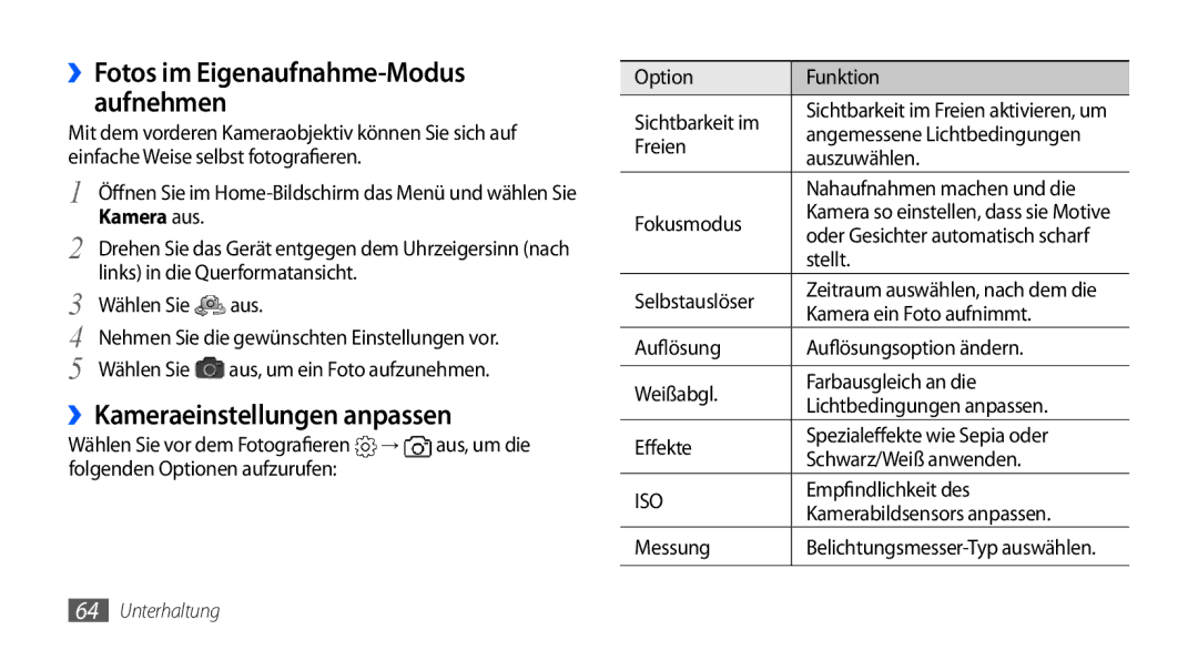 Samsung GT-I9000HKDDBT, GT-I9000HKYDRE manual ››Kameraeinstellungen anpassen, ››Fotos im Eigenaufnahme-Modus aufnehmen 