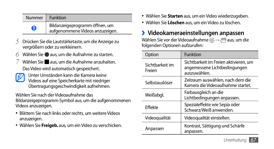 Samsung GT-I9000HKDEUR, GT-I9000HKYDRE, GT-I9000HKDEPL, GT-I9000HKDDTM, GT-I9000RWYEUR ››Videokameraeinstellungen anpassen 