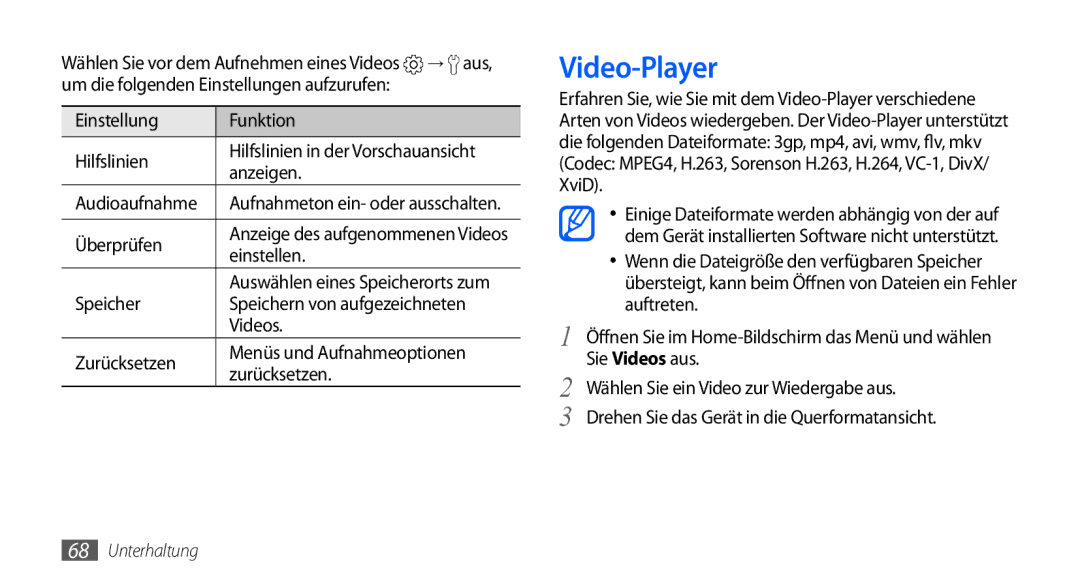 Samsung GT-I9000HKDVIA, GT-I9000HKYDRE, GT-I9000HKDEPL, GT-I9000HKDDTM manual Video-Player, Anzeigen, Videos, Zurücksetzen 
