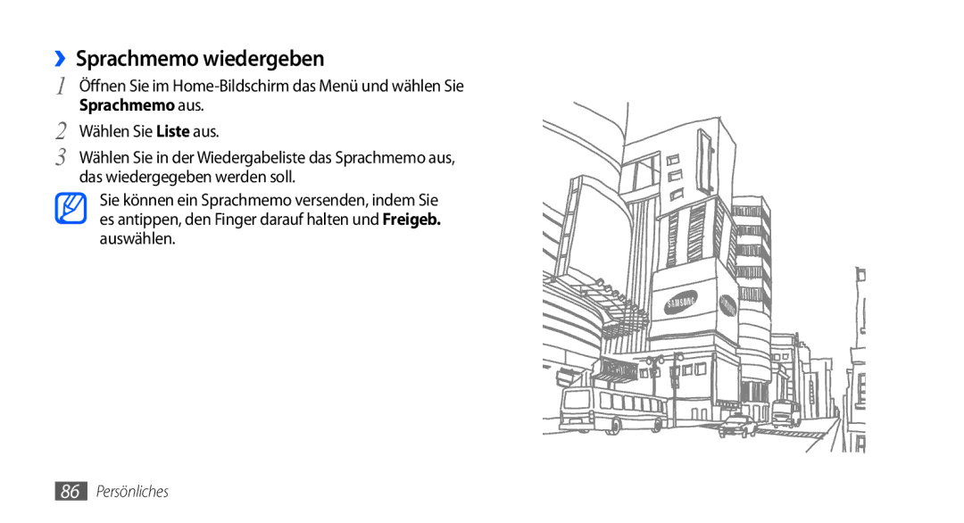 Samsung GT-I9000HKADBT, GT-I9000HKYDRE, GT-I9000HKDEPL, GT-I9000HKDDTM manual ››Sprachmemo wiedergeben, Wählen Sie Liste aus 