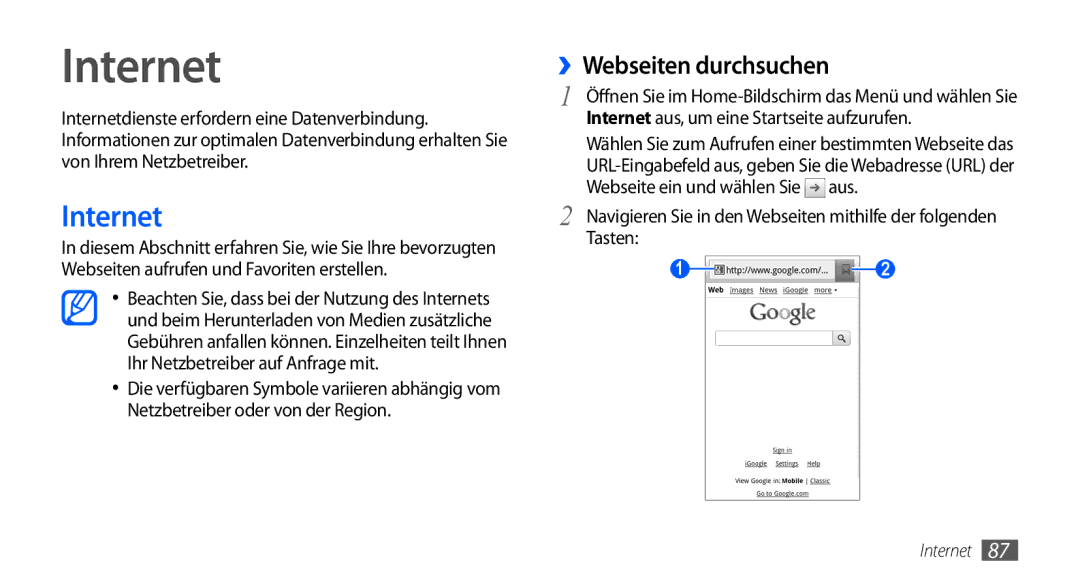 Samsung GT-I9000HKYDRE, GT-I9000HKDEPL ››Webseiten durchsuchen, Internet aus, um eine Startseite aufzurufen, Tasten 