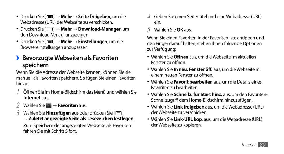 Samsung GT-I9000HKDDTM, GT-I9000HKYDRE manual ››Bevorzugte Webseiten als Favoriten speichern, Wählen Sie → Favoriten aus 