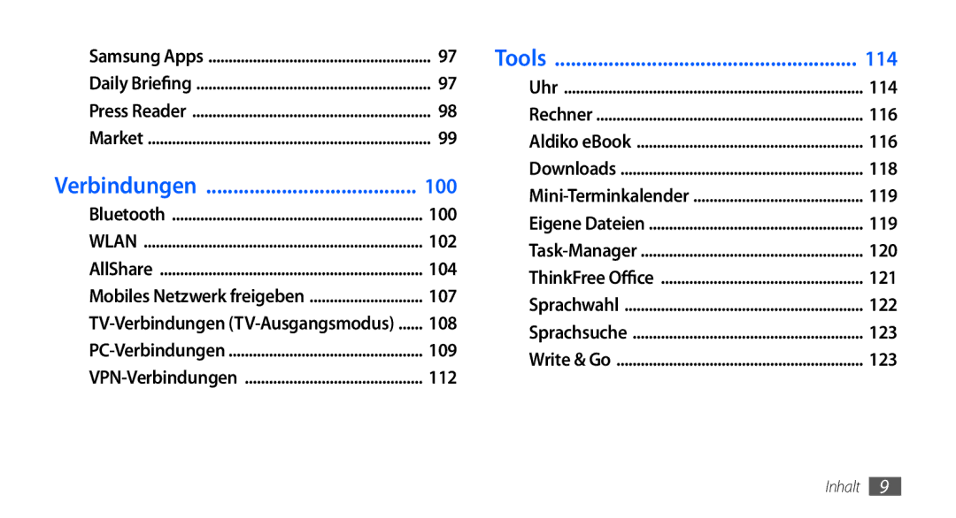 Samsung GT-I9000HKDEUR, GT-I9000HKYDRE, GT-I9000HKDEPL, GT-I9000HKDDTM, GT-I9000RWYEUR, GT-I9000RWYVIA manual Verbindungen 