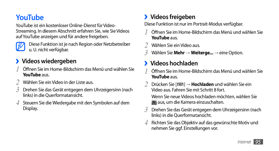 Samsung GT-I9000HKAVD2, GT-I9000HKYDRE manual ››Videos wiedergeben, ››Videos freigeben, ››Videos hochladen, YouTube aus 