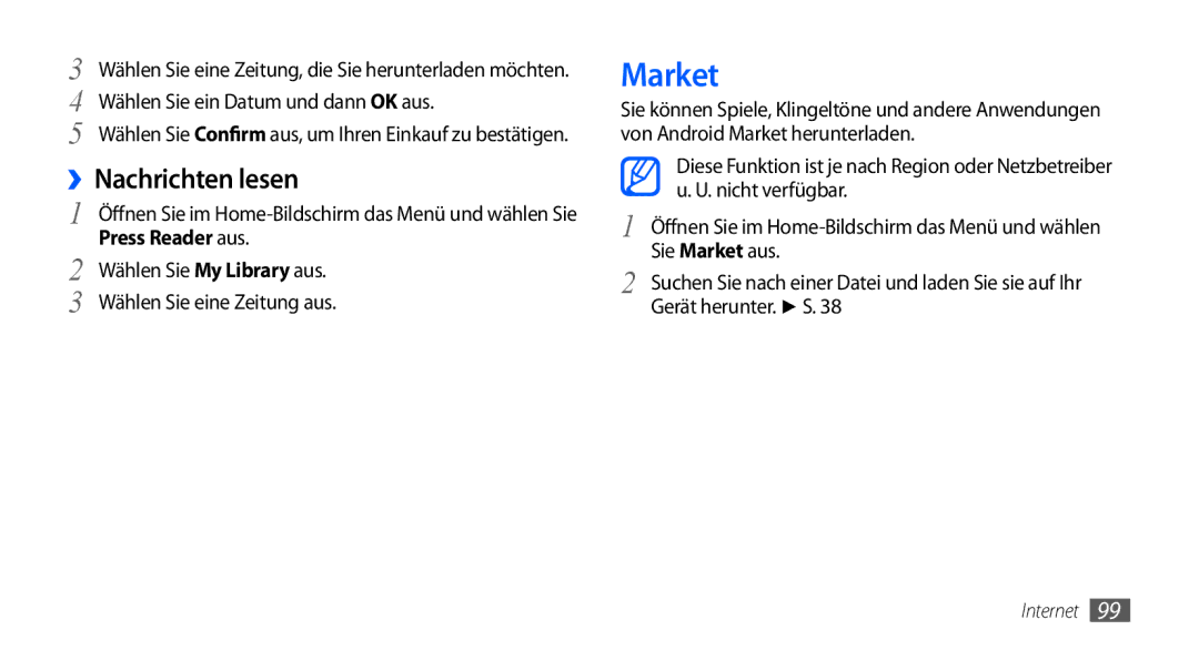 Samsung GT-I9000RWYDTM manual Market, ››Nachrichten lesen, Wählen Sie ein Datum und dann OK aus, Wählen Sie My Library aus 