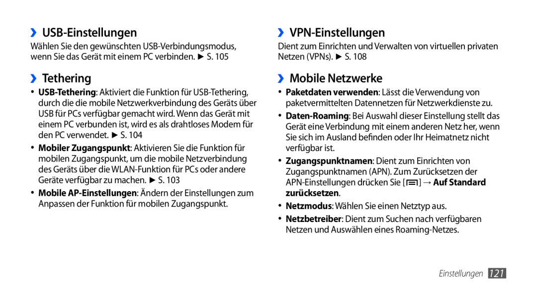 Samsung GT-I9000HKYEUR, GT-I9000HKYDRE manual ››USB-Einstellungen, ››Tethering, ››VPN-Einstellungen, ››Mobile Netzwerke 